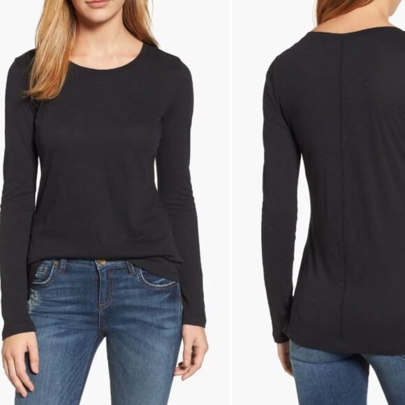 Caslon Tops - NORDSTROM CASLONG L Crewneck Long Sleeve T-Shirt Solid Black Cotton Modal Basic